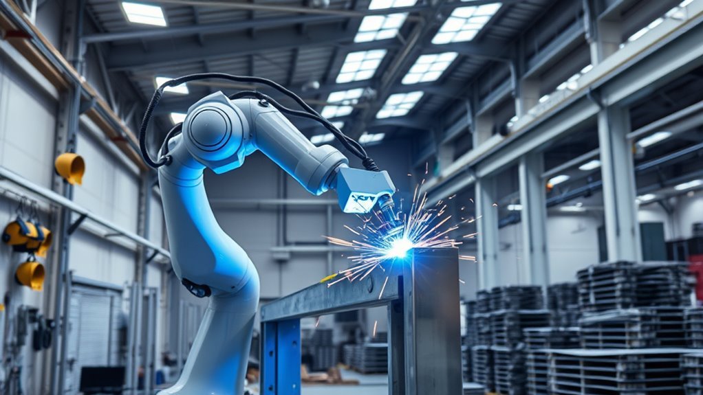industrial robot performing automated arc welding in a welding cell