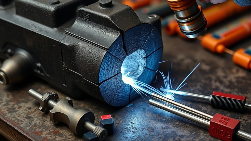 Cracked cast iron being prepared for welding