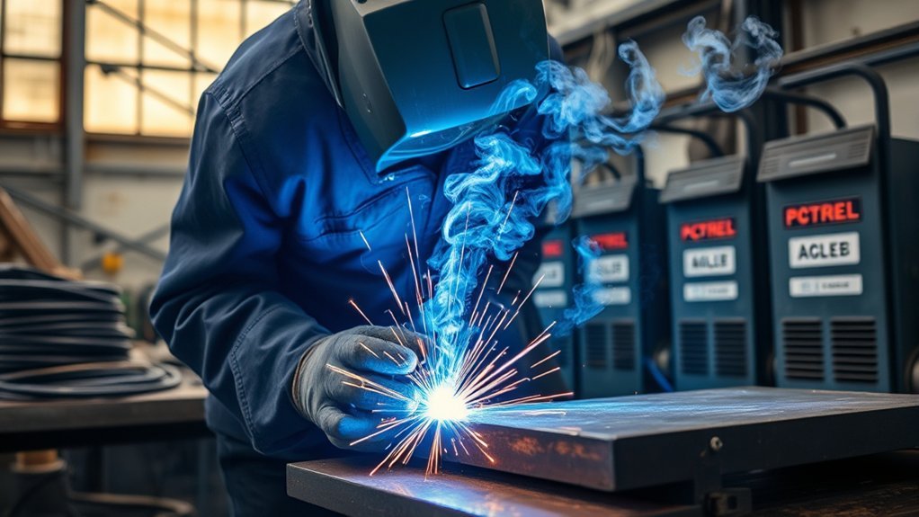 Electric arc melting metal at a weld joint