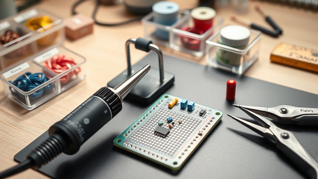 Beginner soldering kit with soldering iron, stand, solder, and electronics tools