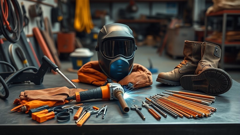 essential welding tools including a welder, helmet, clamps and grinder