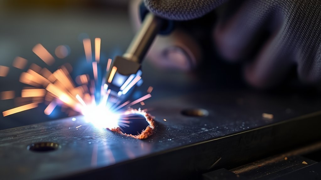 welding burn-through hole caused by excessive heat in thin metal