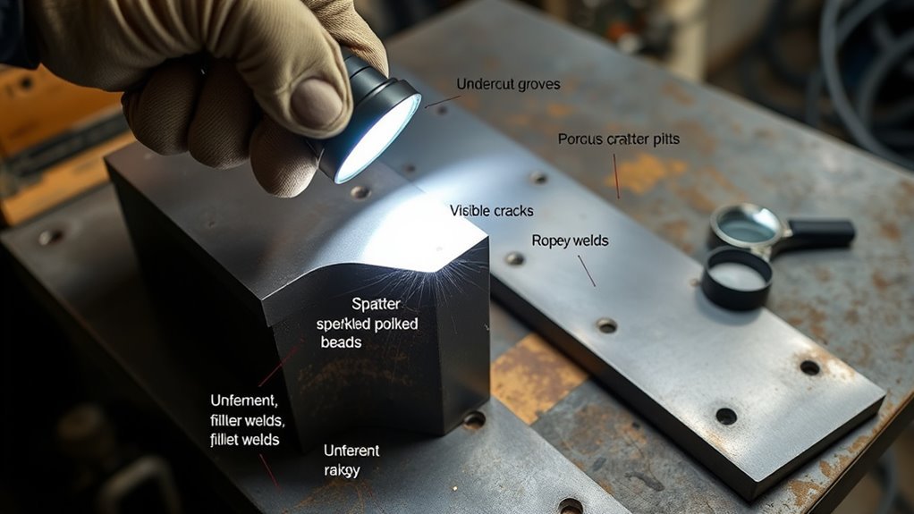 Welder visually inspecting and cataloging common weld defects