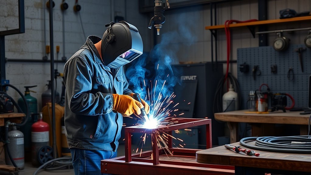 MIG welder using protective equipment while controlling welding safety hazards