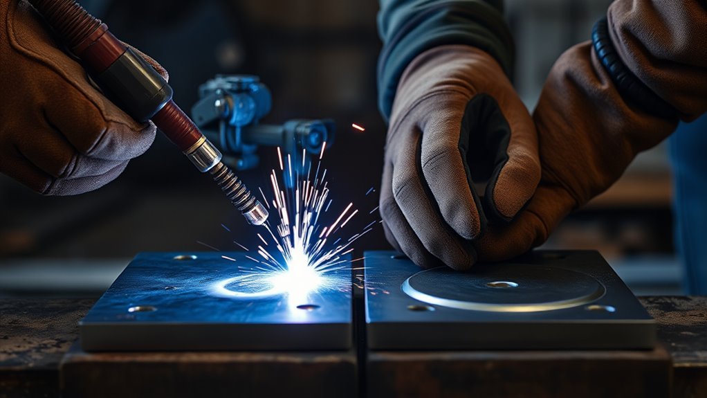welder using a forehand push technique for controlled weld placement