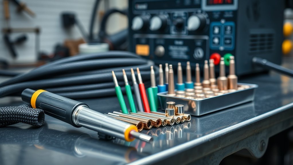 Welder selecting TIG torch size, amperage rating, cooling type, and consumables