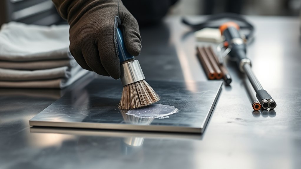 Welder thoroughly cleaning a metal surface before TIG welding