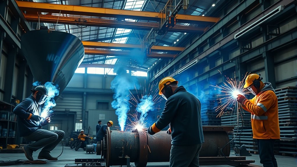 welder performing precision metal fabrication in an industrial workspace