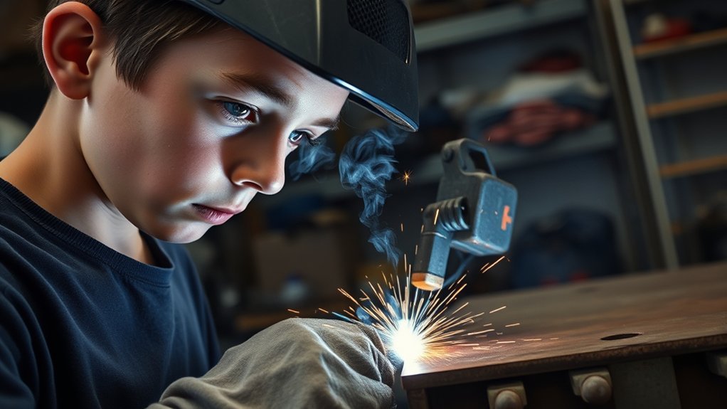 Beginner welder practicing under instruction in a welding training shop