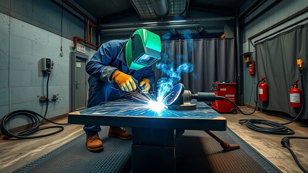 welder using protective helmet, gloves, and clothing for arc welding safety
